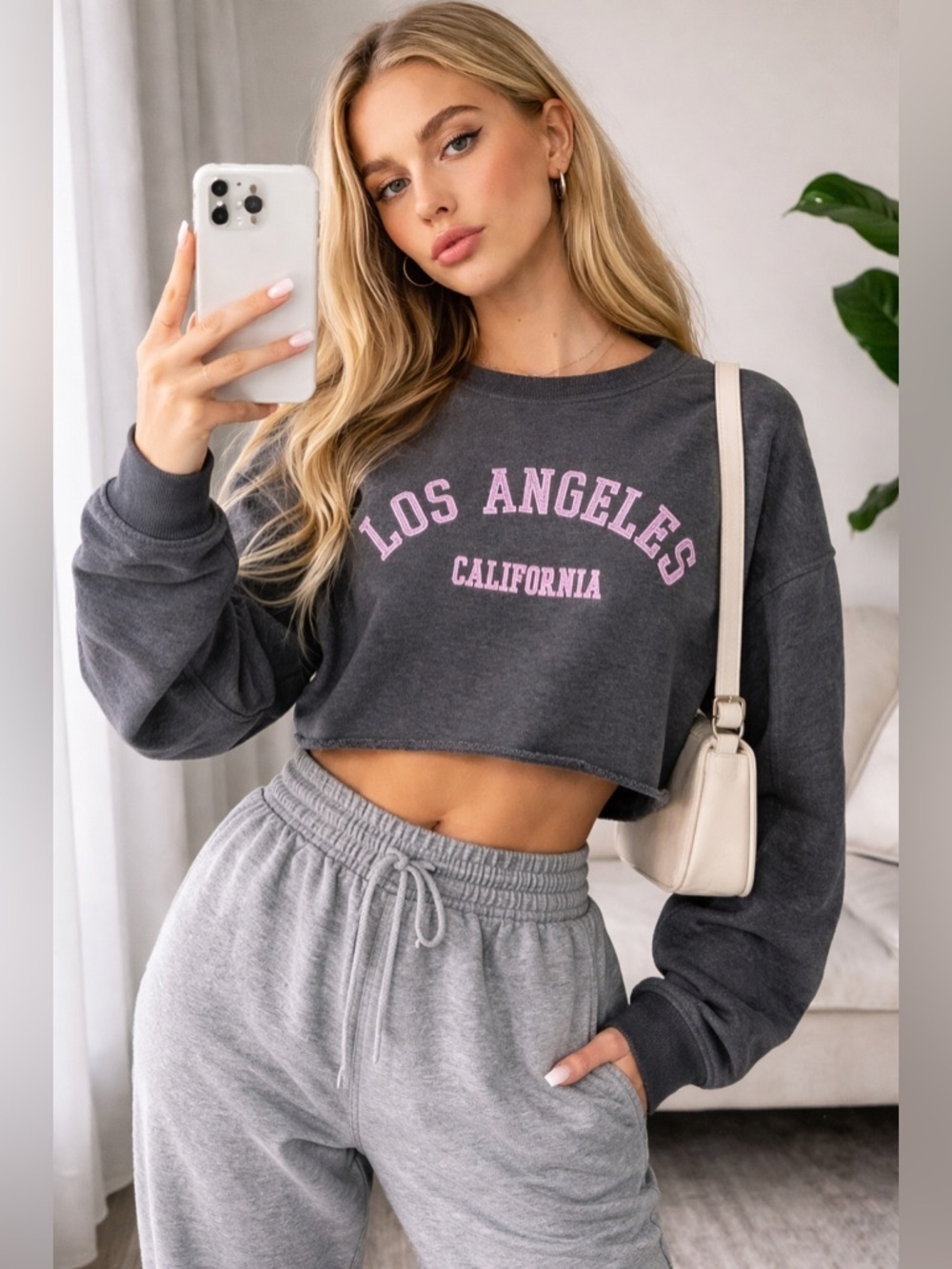 Garage LA Cropped Sweatshirt Charcoal Pink Graphic California XS